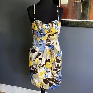 A. Byer brown/yellow/gray/blue watercolor floral fan bodice mini. Size 7.